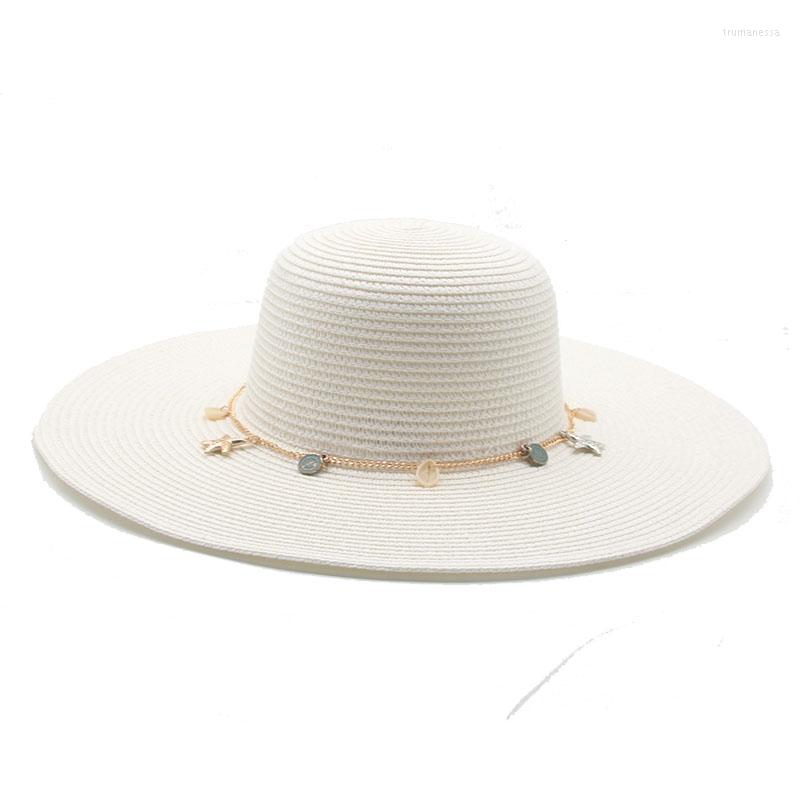 

Wide Brim Hats Summer Women Big White Black Straw Belt Band Chain Elegant Solid Round Top Casual Outdoor Beach Sun, Black1