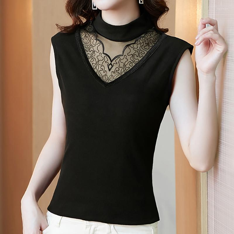 

Women's Tanks Women Turtleneck Lace Patchwork Tank Top Femme Hollow Out Sleeveless Cotton Female Spring Tops 2023 Casual Woman Clothes, Black