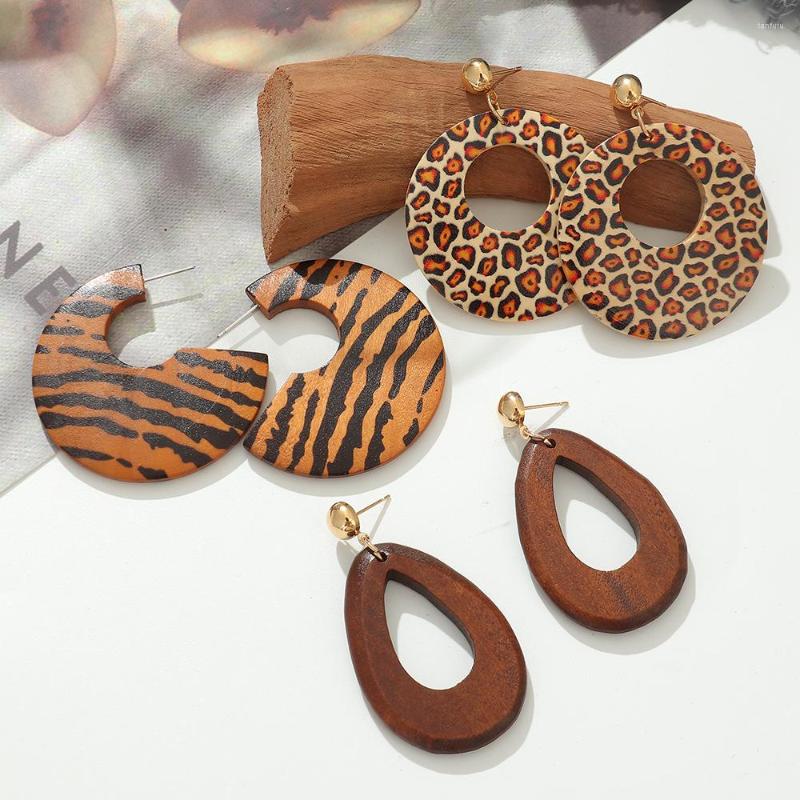 

Dangle Earrings Retro Style Wooden For Women Girls Creative Print Leopard Round Geometry Stud Earring 2023 Exaggerated Jewelry Gift