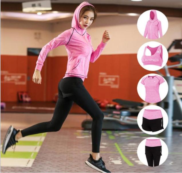 

Yoga Suit Fivepiece Fitness Suit for Women with Large Size and Quickdrying Outdoor sports cap jacket1235668, Red
