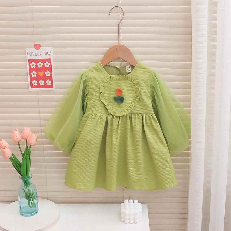 

Girl Dresses Girls Dress Spring Autumn 2023 Princess Knee-Length Casual Solid Ruched Cute Flower O-neck Soft All-match Sweet, Green