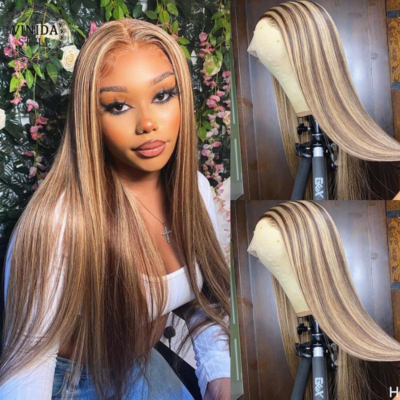

Lace Wigs VINIDA STYLE Highlight Straight 150 Density 13x4 Front Human Hair Scalp Top Closure With Baby Non-Remy, Natural color