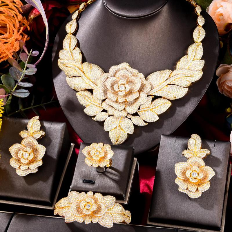 

Necklace Earrings Set GODKI Trendy 4PCS Luxury Big Flower Statement For Women Wedding Cubic Zircon CZ African Dubai Bridal, Picture shown