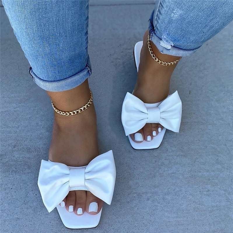 

Slippers Fashion Summer Plus Size One-line Solid Color Bow Flat Sandals Outdoor Beach Slippers Elegant Women Shoes 230509, White