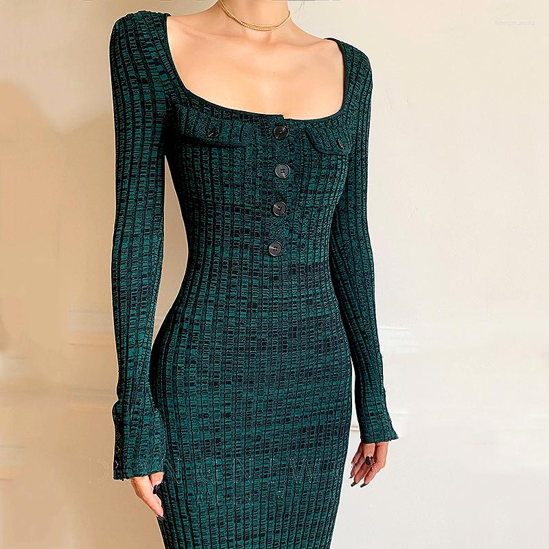 

Casual Dresses Sexy Square Collar Long Sleeve For Women Spring Fashion Slim Tight Knitted Dress Elegant Lady Clothes Vestidos SL354, Multi