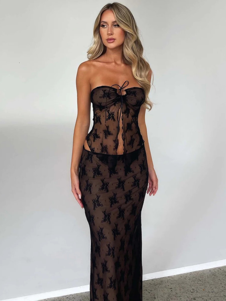 

Two Piece Dress Mozision Lace Print Sexy Set Women Strapless Crop Top And Long Skirt Matching  Female Night Club Party 230508, Black