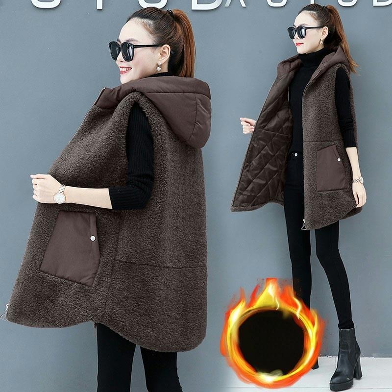 

Vests Women Lamb Wool Vest Coat Autumn Winter Warm Hooded Cardigan Sleeveless Tops Free Shipping Plus Size Loose Korean Fashion Thick, Dark gray
