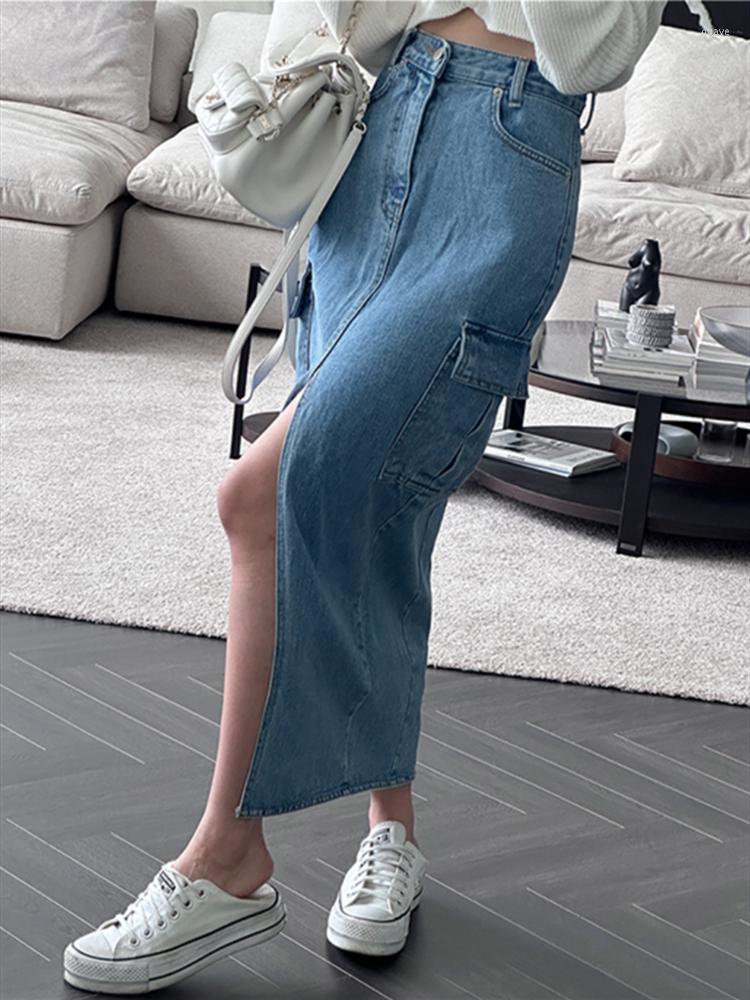 

Skirts Cargo Jeans Skirt For Women High Waisted Side Pockets Split Fashion Midi Vintage Casual Streetwear Y2k, Blue