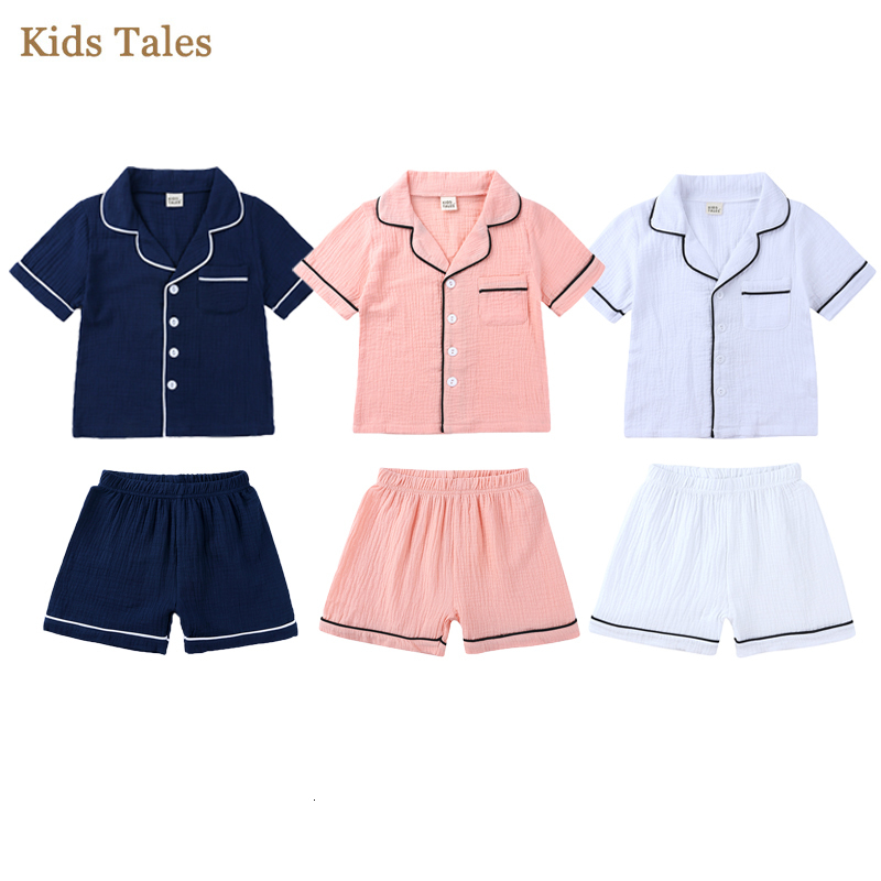 

Pajamas Kids Boys Girls Cotton Linen 2Piece Short Sleve Collared Button Down ShirtsShorts Toddler Casual Loungwear Children Clothes Set 230509, Blue