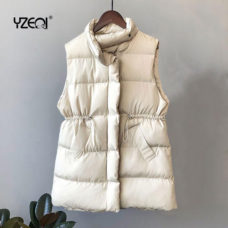 

Leather Yzeqi Fashion Winter Vest Women Warm Sleeveless Jacket Casual Down Long Vests Slim Solid Cotton Padded Waistcoat Gilet Femme, Beige