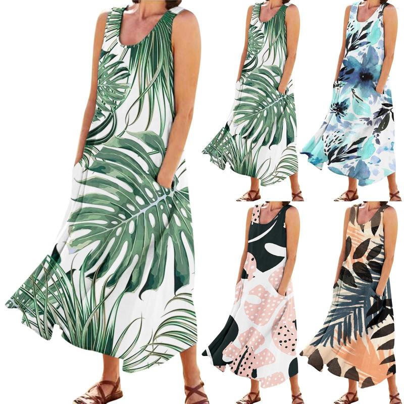 

Casual Dresses Beach Pockets Low Cut Dress For Women Elegant Printed O Neck Long Daily Plus Size Summer Sundress Vestidos, Orange