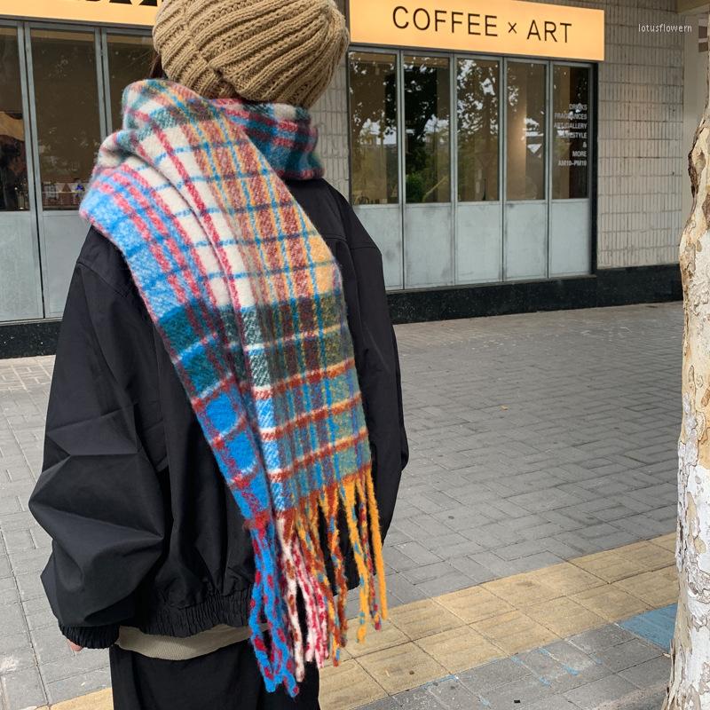 

Scarves Women's Winter Rainbow Plaid Tassel Scarf. Thickened Cashmere Like Warm Shawl. Dual Purpose Double-sided Scarf