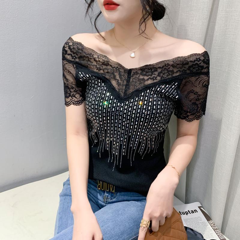 

Women's T Shirts #6167 Black White Lace V-neck Knitted Shirt Women Short Sleeve Diamonds Sexy Hollow Out Elastic Womens Tshirt Slim Summer