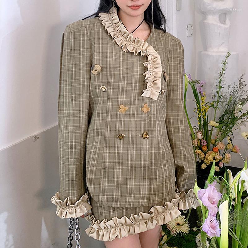 

Two Piece Dress Women' Casual Business Khaki Suit 2 Pieces Blazer Jacket Coat And Skirt Set Plaid Mini Office Lady