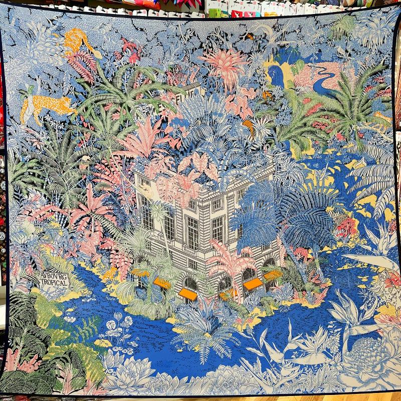 

Scarves Fashion Silk Cashmere Scarf Women Hand Rolled Shawls Forest Print Square Wraps Lady Bandana Big Hijabs Female Foulards