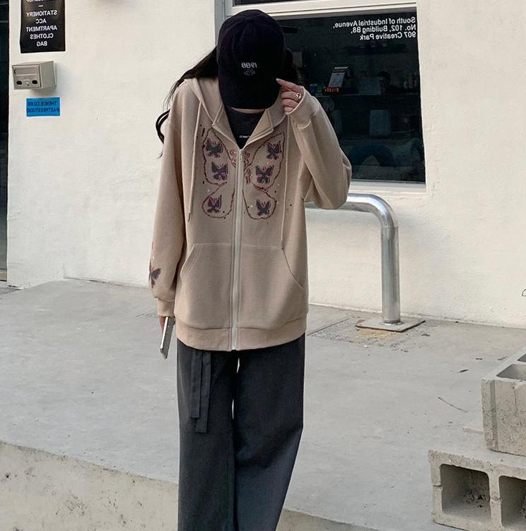 

Women's Hoodies & Sweatshirts Female Harajuku Oversized Butterfly Print Sweatshirt Women Long Sleeve Zip Up Loose Jacket Streetwear With Poc, Khaki