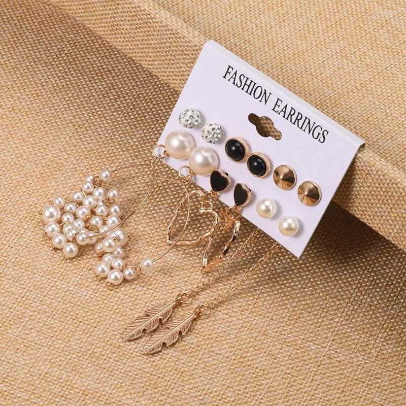 

Dangle Earrings Gold Color Irregular Heart Big Circle Simulated Pearl Set For Women Geometric Feather Tassel Earings Jewelry 6Pairs/set