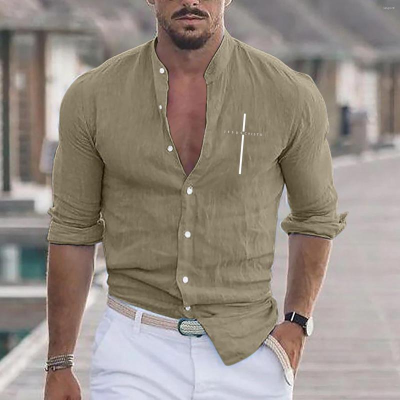 

Men's Casual Shirts Men Printing Loose Cotton Linen Shirt Long Sleeve Stand Collar Packs, Army green