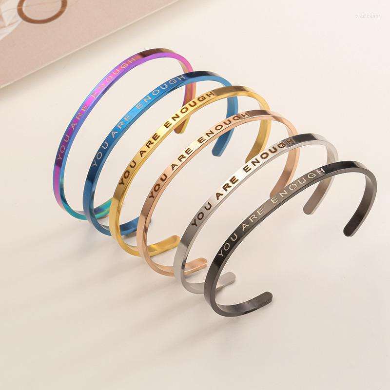 

Bangle You Are Enough Stainless Steel Engraved Positive Inspirational Quote Open Cuff 4mm Mantra Bracelet For Women Gifts