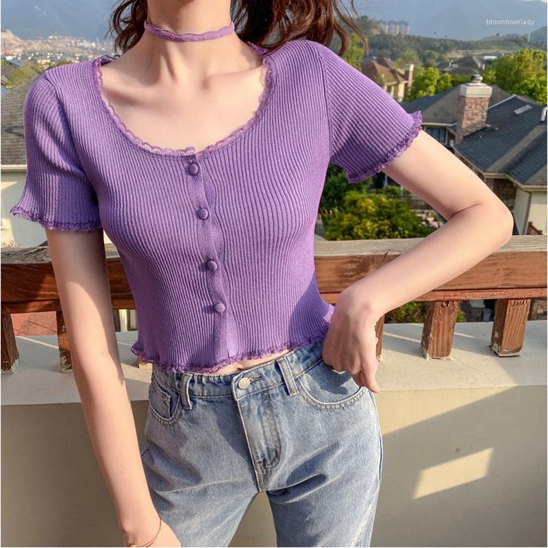 

Women's T Shirts Fashion Women Spring Summer T-Shirt O Neck Short Sleeve Casual Crop Top Shirt Solid Button Tee Mujer 2023, Black