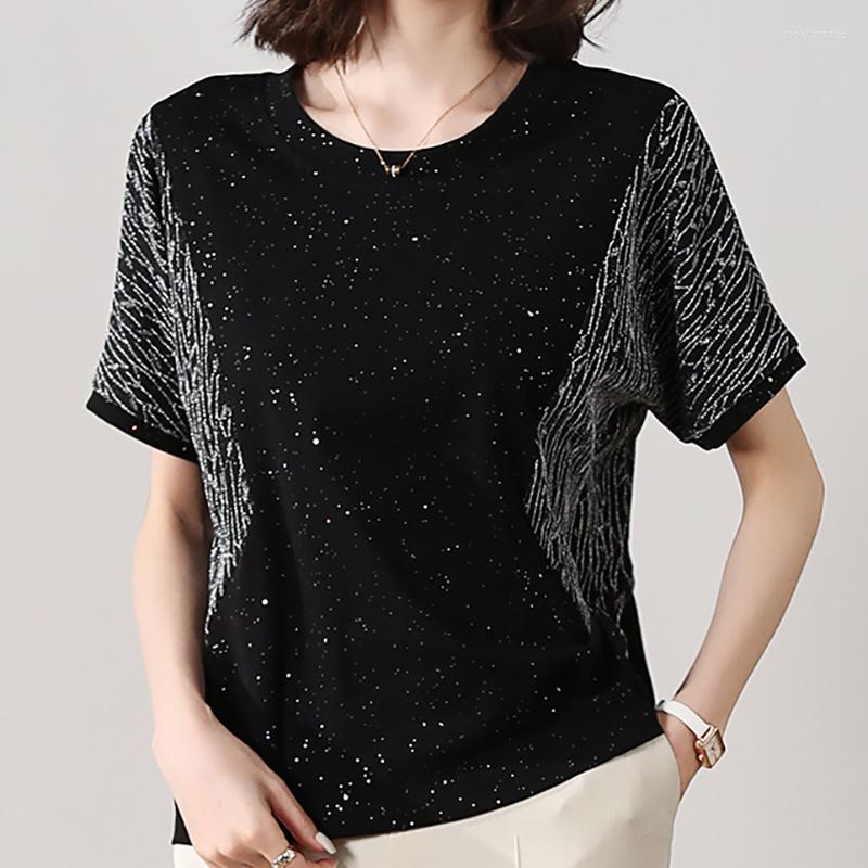 

Women's T Shirts Black Women Shirt Bright Silk Patchwork Cotton Short Sleeve T-Shirt Korean Style Clothes Loose Tee Femme Camisetas Mujer