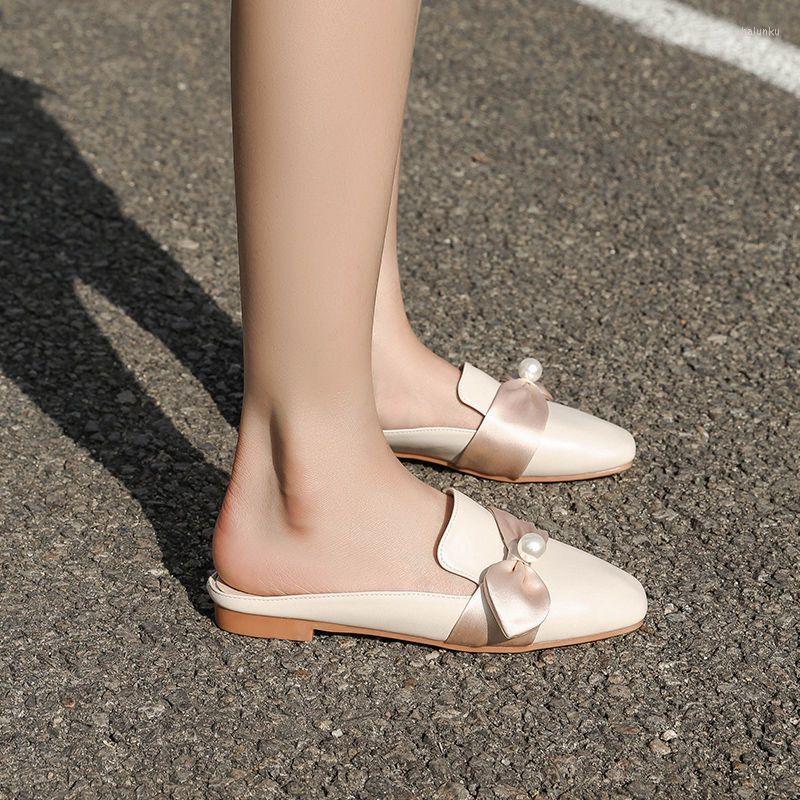 

Slippers Women's Shoes 2023 High Quality Mules Summer Gentle Elegant Casual Women Bow Tie Pearl Female, Apricot