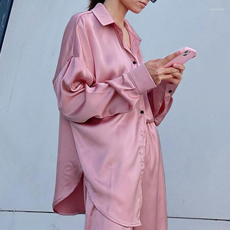 

Women' Two Piece Pants Women' 2-piece Satin Set Featuring Casual Pink Long Sleeves Bottom Collar Simple Buttons Commuter Street Po