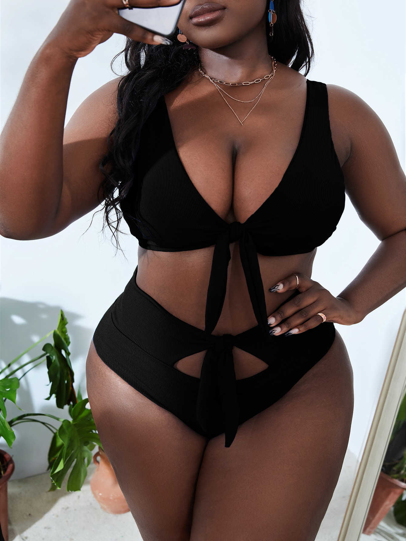 

Women's Plus Size Swimwear Women Solid Color Tieup Swimsuit 2023 Two Pieces Bikini Set Sexy Push Up High Waist Swimwear Textured Beachwear Large Size 4XL Z0508, Blue