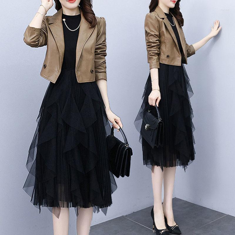 

Work Dresses Women High Quality Two Pieces Sets Fashion Office Lady PU Leather Jacket Casual Elegant Streetwear Autumn Mesh Dress Suit J290, Ka