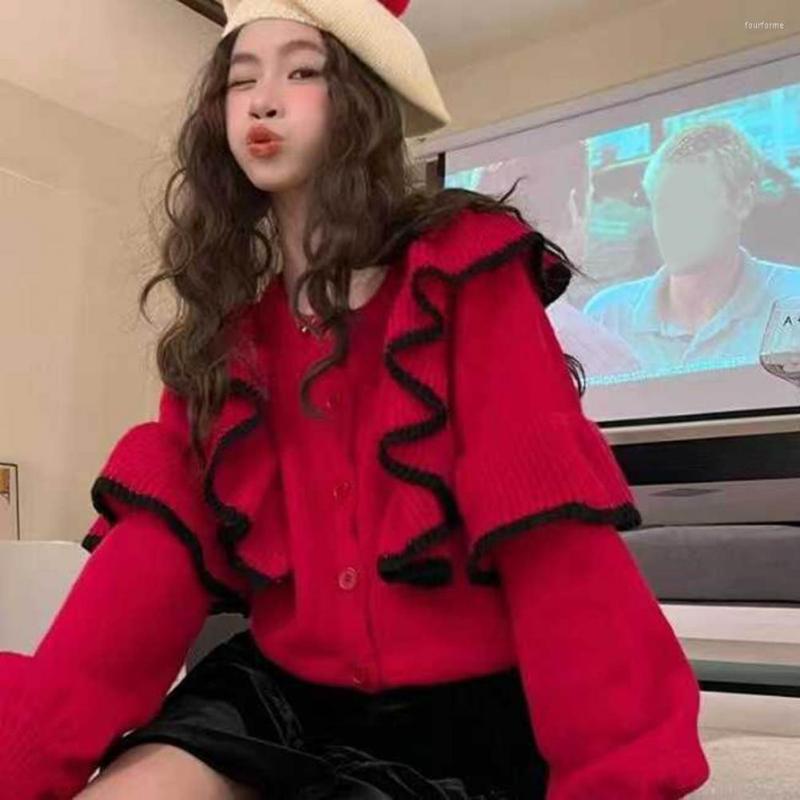 

Women's Knits Vintage Princess Loose Women Sweater Korean Fashion Flounce Single-breasted O Neck Long Sleeve Girl Y2k Clothes Pullover, Black