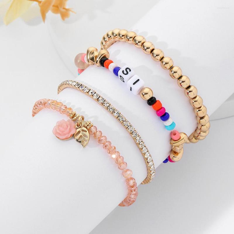 

Charm Bracelets Boho Colorful Beaded Bangles 2023 Fashion Jewelry 4pcs Pink Rose Letter Stretch Set For Women Gift