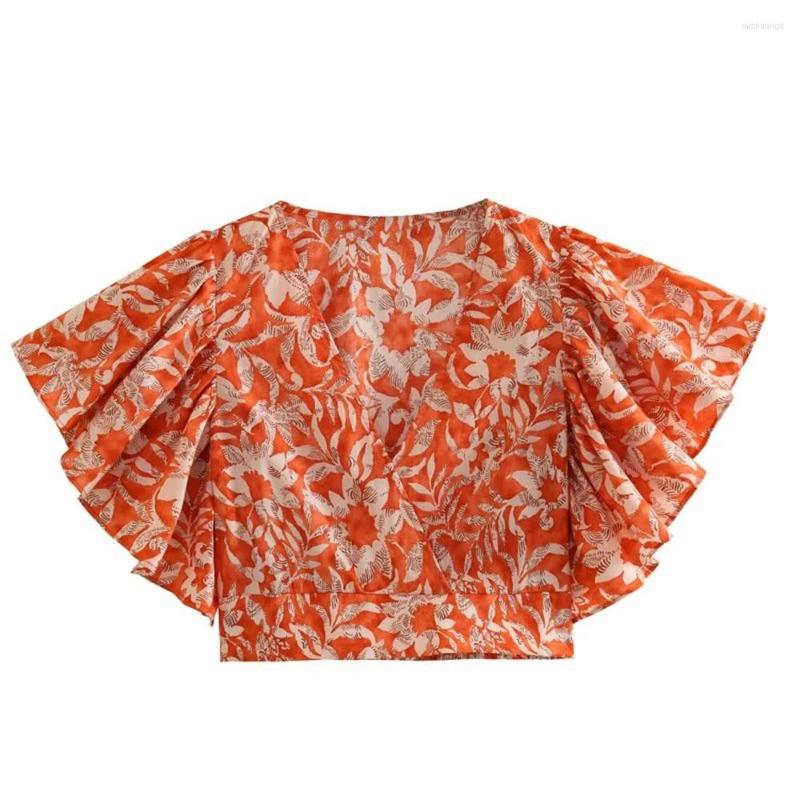 

Women's Blouses Women's 2023 Summer Fashion Flower Print Short Top Retro V-neck Ruffle Sleeve Casual And Unique Female Shirt, Multi