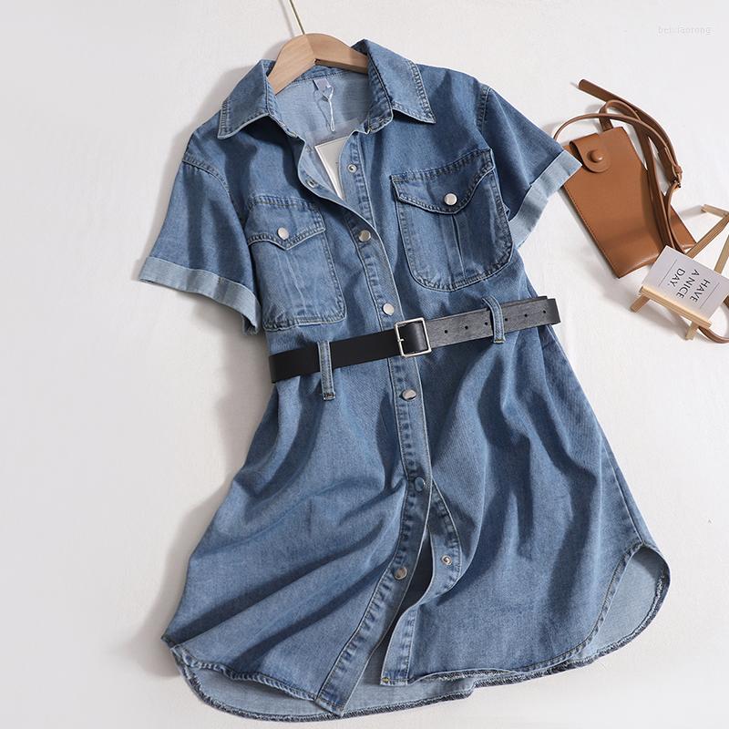 

Women's Blouses 2023 Fashion Denim Short Sleeve Dress For Women Temperament Slim Belt Shirt Dresses Summer Korean Vintage Long Blouse, Black