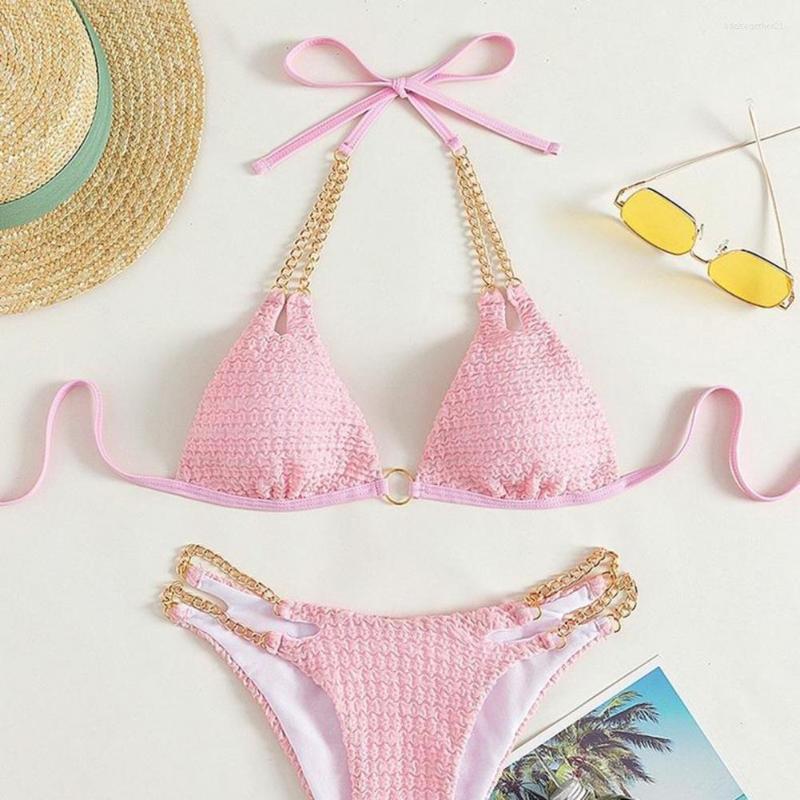 

Women' Swimwear Sexy Beach Bikini Set Soft Swimsuit Lace Up Hollow Out Bathing, Pink