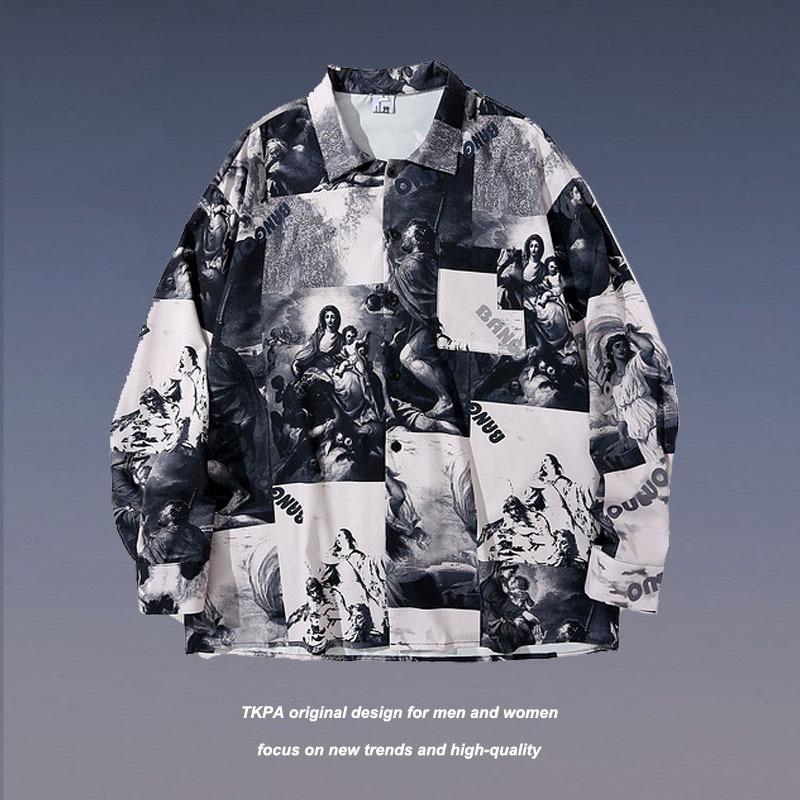 

Men's Casual Shirts Fashion Figure-drawing Long Sleeve Fashionable Oversized Lapel Cardigan Lazy Style Blouses, Beige