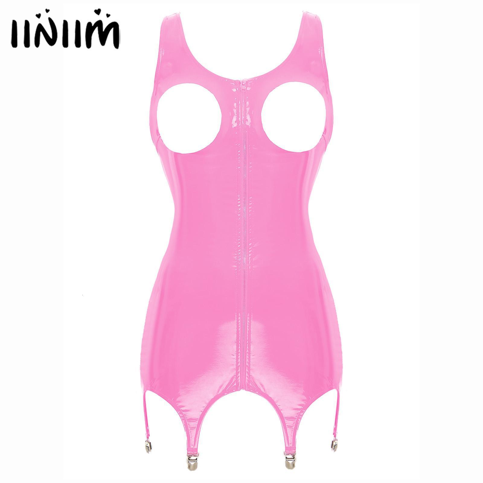 

Party Dresses Womens Lingerie Open Cup Mini with Garter Clips Patent Leather Wet Look Clubwear Sleeveless Zipper Hollow Out Sexy Dress 230508, Hot pink