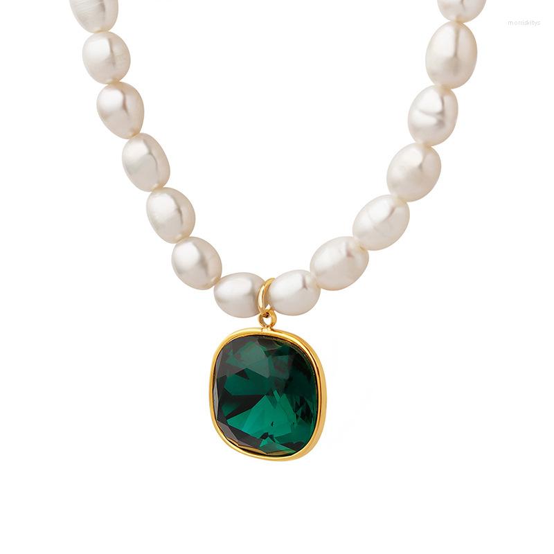 

Chains French Vintage Freshwater Pearl Chain Green Zircon Pendant Necklace For Women High Quality Stainless Steel Accessories Jewelry