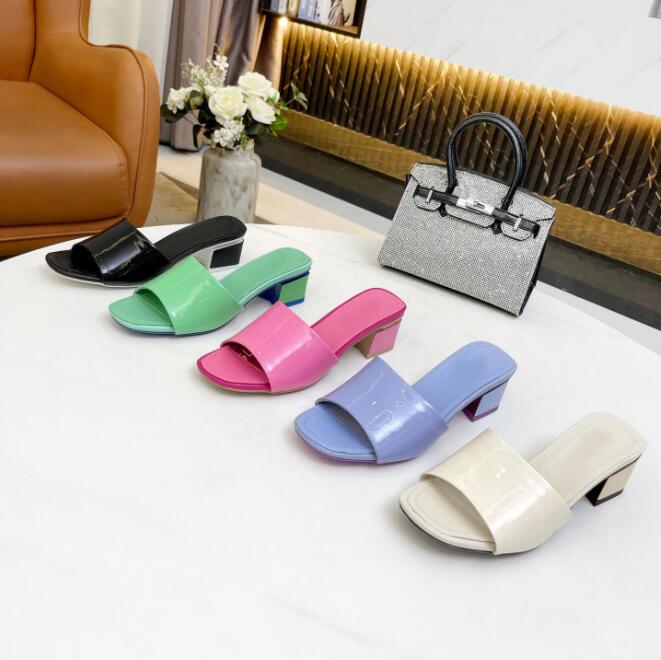 

MULES Patent Calfskin Dark Beige Purple Black Green Women sandals summer beach slippers designer luxury slides outdoor lady shoes, Color 5
