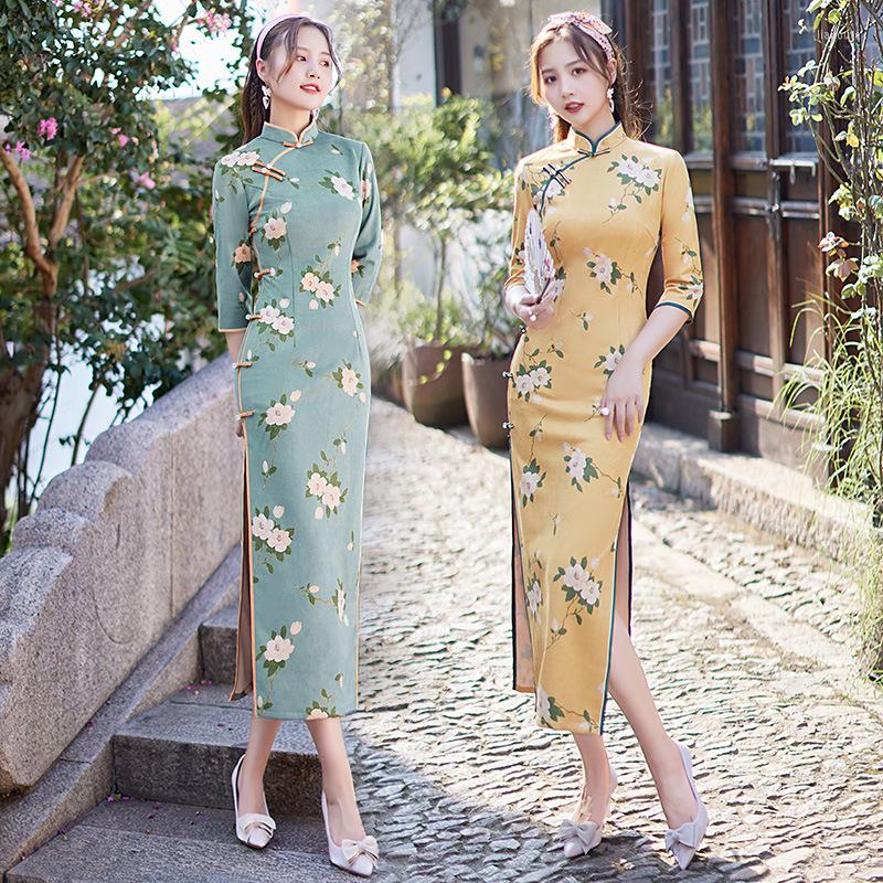 

Ethnic Clothing Autunm Winter Women Print Qipao Chinese Traditional Lady Party Dress Female Vintage Button Catwalk Novelty Cheongsam