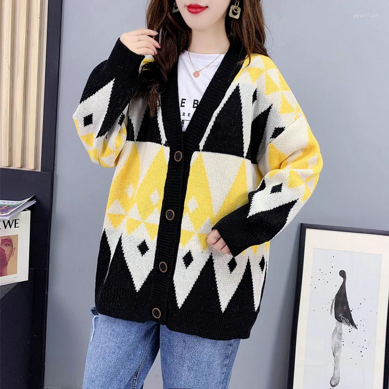 

Women's Knits Korean Lazy Style Vintage Geometry Knitwear Autumn Women's Long Sleeve Loose Cardigan Tops Single-Breasted Knitted Sweater, Blue