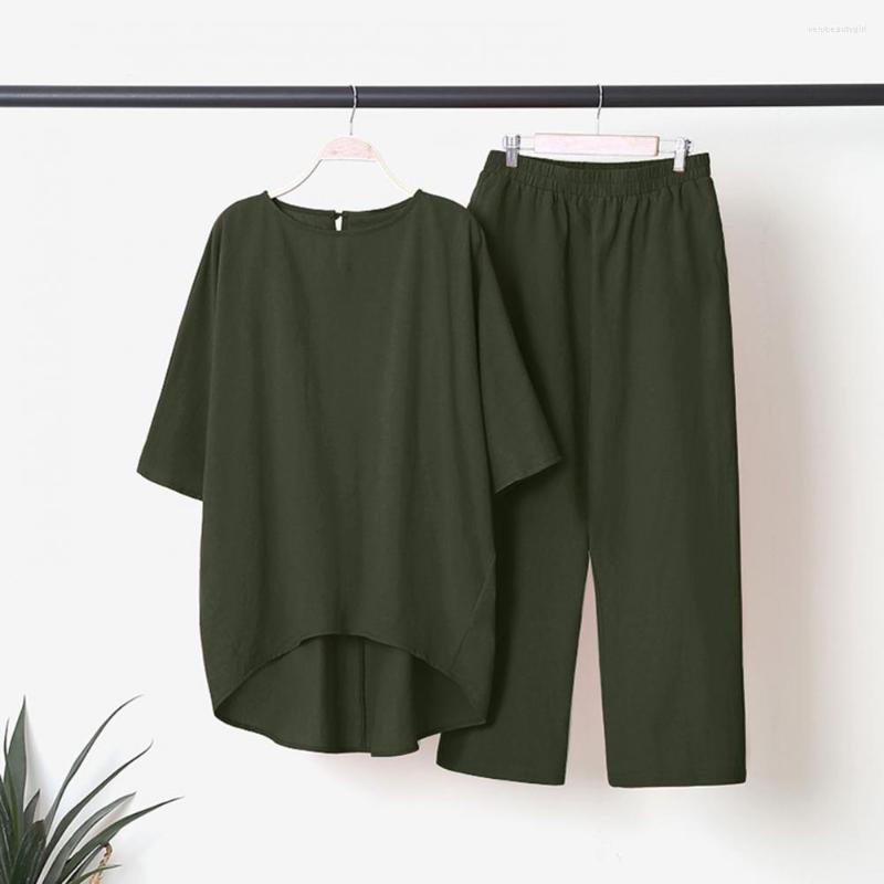 

Women's Two Piece Pants 2 Pcs/Set Trendy Deep Crotch Stretchy Waist Women Set T-shirt Short Sleeves Baggy, Green