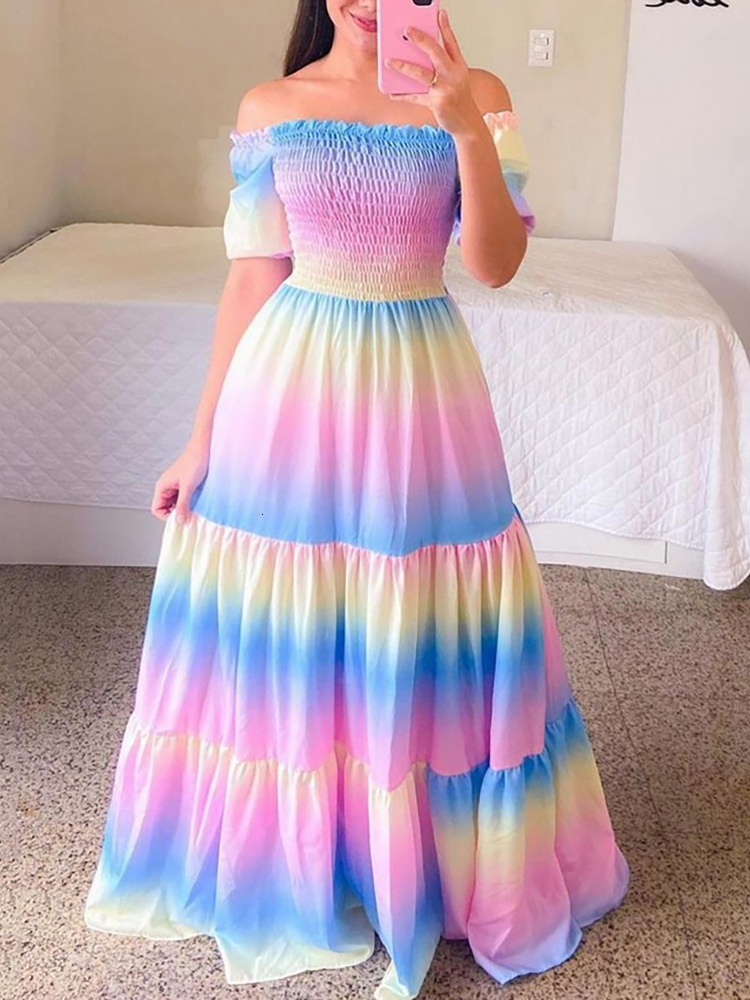 

Party Dresses Rainbow Sexy Off Shoulder Dress Floral Print Short Sleeve Ladies Cute Summer Beach Maxi 230508, Style9
