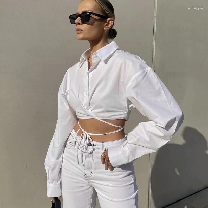 

Women' Blouses American Sexy High Waist Crop Cross Tie Rope Long-sleeved Shirt Women' Fashion Single Breasted Cardigan, White