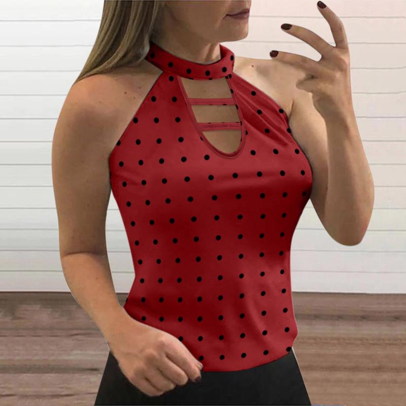 

Women's Tanks & Camis Bell Top For Women Round Neck Sleeveless Hollow Out Polka Dot Print Halter Slim Tank Choice Womens ClothingWomen's, Black