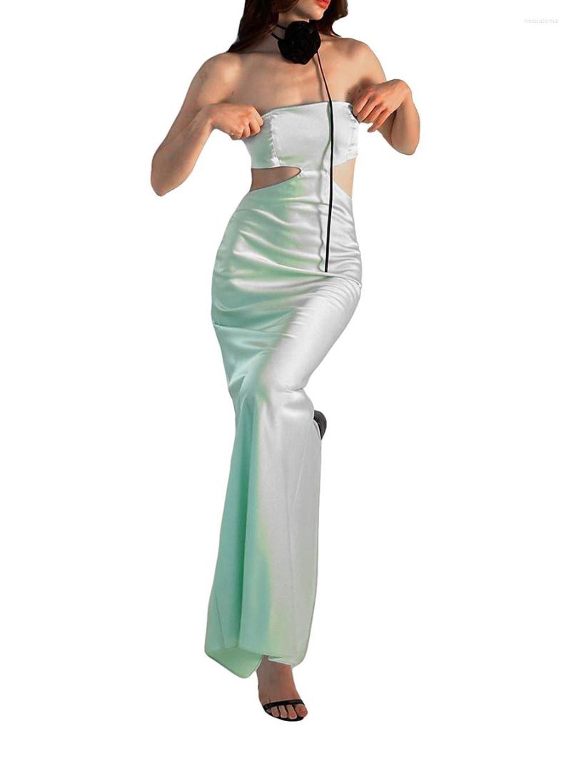 

Casual Dresses Women Stain Tube Maxi Dress Summer Sexy Cutout Backless Bodycon Long Party Cocktail Streetwear, Green
