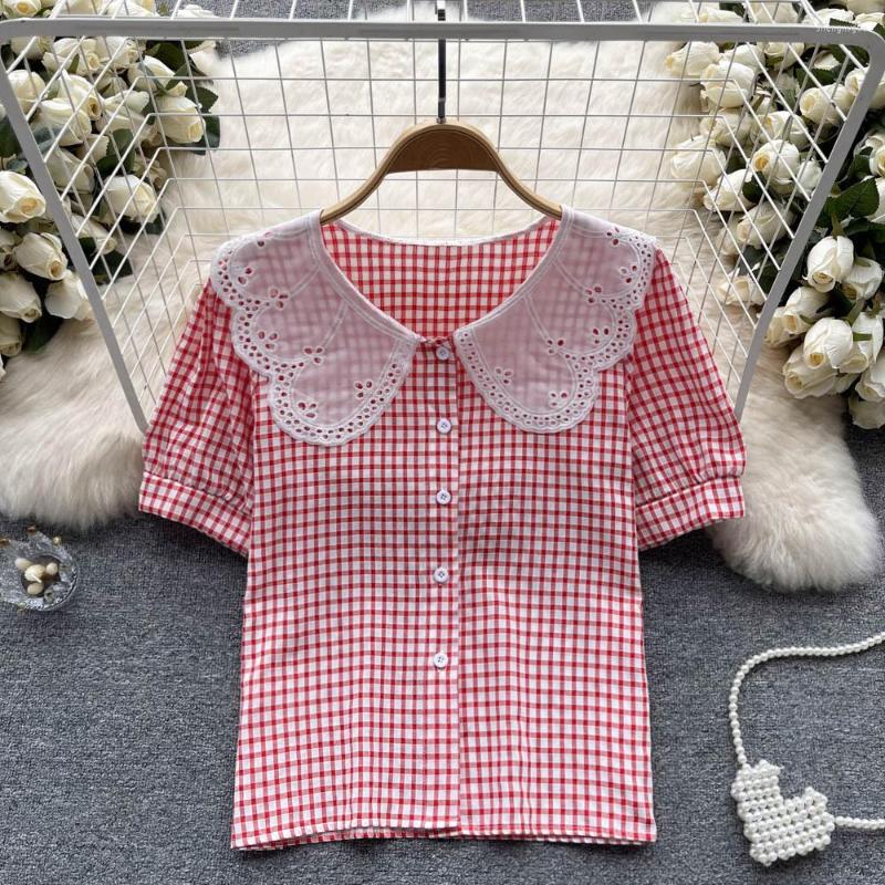 

Women's T Shirts Doll Collar Plaid Short Sleeve Shirt Summer Gentle Style Top Chic Niche, Black