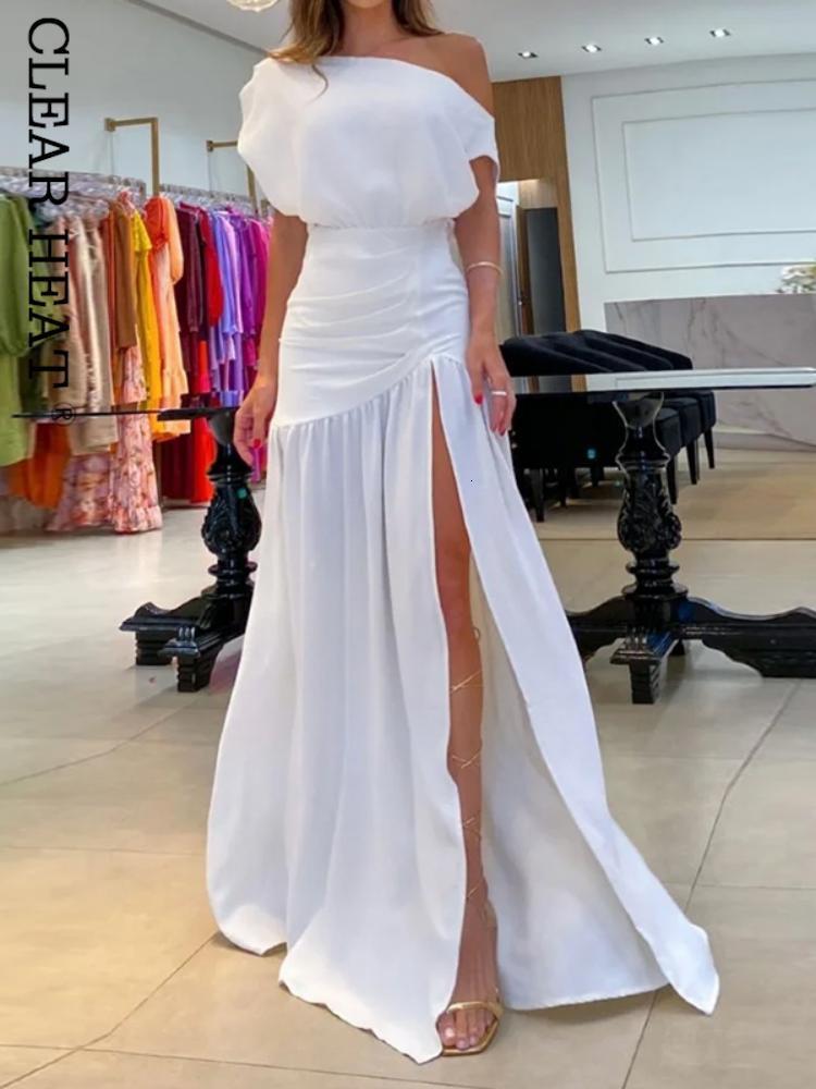 

Casual Dresses Elegant Pleated Women Maxi Dress Casual Solid Slanted Shoulders Gauze Dresses Spring Ladies Side Slit Evening Party Dress 230508, Black