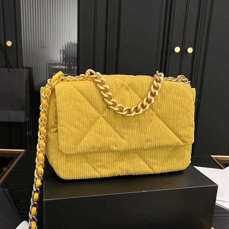 

Womens 19 Series Corduroy Quilted Bags Classic Mood Flap Yellow Fuchsia Black Grey Green Gold Metal Matelasse Chain Crossbody Shoulder Designer Handbags 25X16CM, Box
