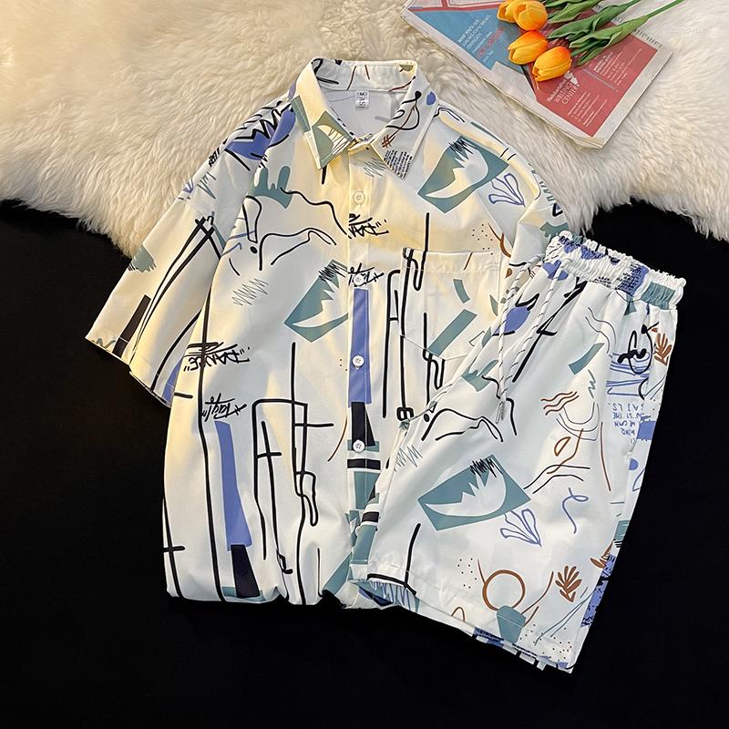 

Men's Tracksuits 2023 Summer Printed Two-Piece Sets Short Sleeve Lapel Shirts Elastic Waist Shorts Set Beach Top Tees&Knee-Length Pants, White
