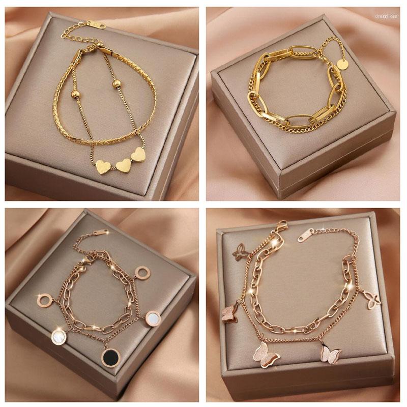 

Link Bracelets Stainless Steel Layered Golden Pendant Bracelet For Women Retro Punk Gothic Portrait Coin Cross Pearl Jewelry